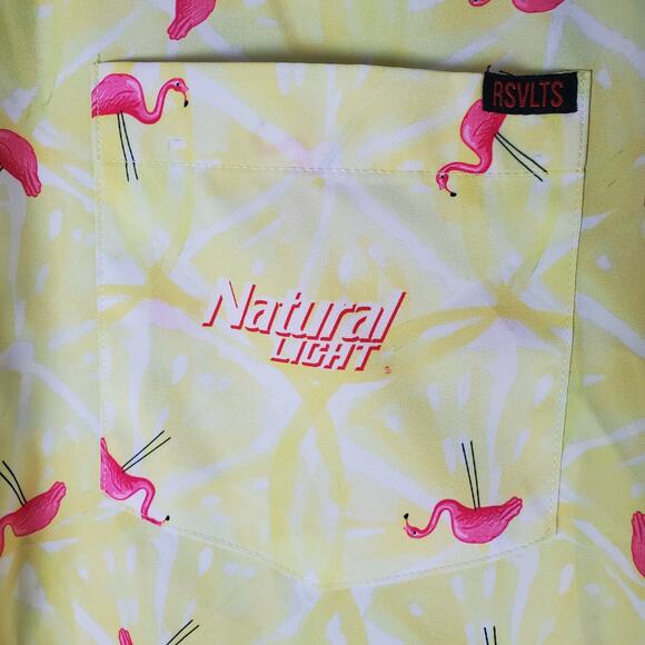 RSVLTS X Natural Light Mens Yellow Flamingo Button Up Short Sleeve Shirt Size M - Picture 4 of 6